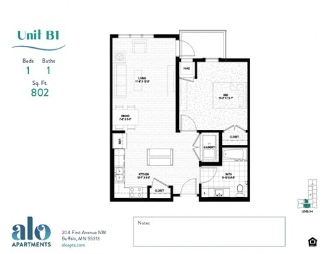 Floor plan for 1 bed, 1 bath, 802 sqft